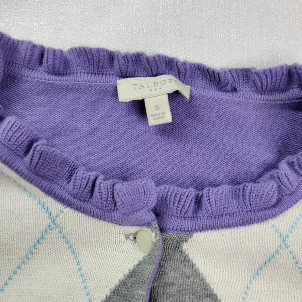 Talbots Argyle Cardigan Sweater Women's Size Small Purple Gray Ruffle Neck - Picture 4 of 9